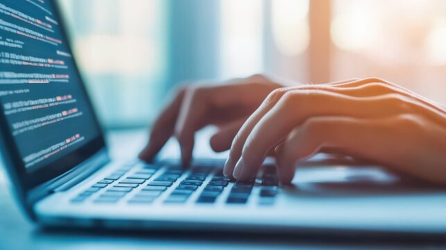 Close-up of hands typing on a laptop keyboard, showcasing coding or programming activity in a modern workspace.