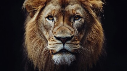 Naklejka premium Close up portrait of a majestic lion captured through macro photography against a dark backdrop
