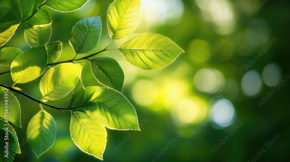 Wall mural vibrant green leaves illuminated by sunlight set against a gentle bokeh backdrop creating a serene a