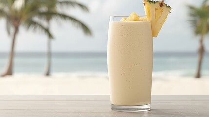 Pineapple Coconut Smoothie in a tropical-themed glass with a pineapple slice, copy space