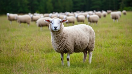 Obraz premium Sheep grazing in a meadow with one sheep facing the camera while the rest of the herd is visible in the background