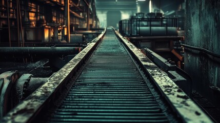 Conveyor belts in an industrial setting showcasing heavy machinery and a gritty atmosphere
