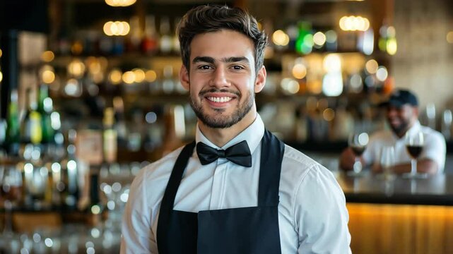 smiling professional bartender at bar full of liquor bottles 