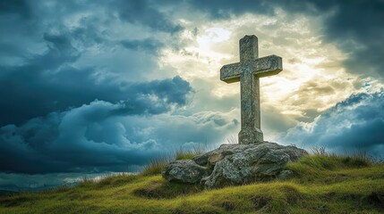 Magnificent Stone Cross atop a Breezy Hill Under Striking Skies