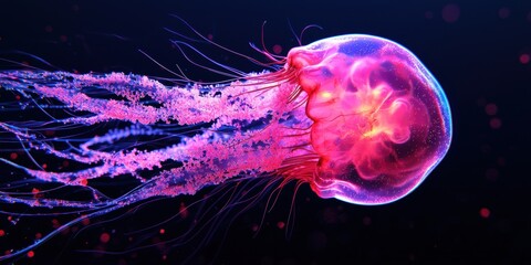 Fototapeta premium A vibrant jellyfish gracefully swimming in dark waters, showcasing its luminescent colors and flowing tentacles.