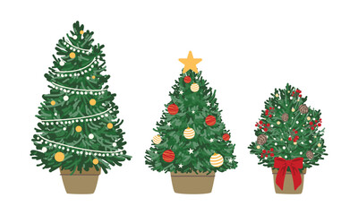 Christmas trees set on white background. Holiday Christmas element, Art for holiday xmas and new year. Vector illustration.
