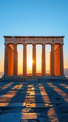 Fototapeta premium Ancient temple ruins illuminated by sunset, showcasing architectural beauty and historical significance