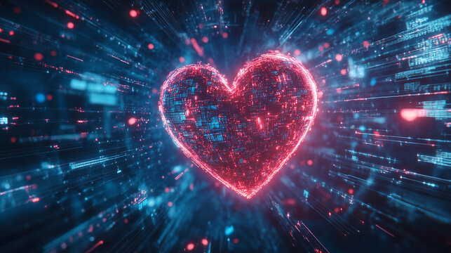 Digital representation of a glowing heart surrounded by vibrant data streams in a cyber environment - Powered by Adobe