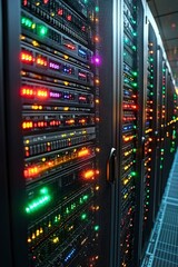 Server Racks in a Data Center with Colorful Lights