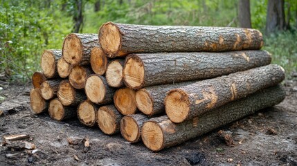 Stack of logs on the ground prepared for chopping into firewood