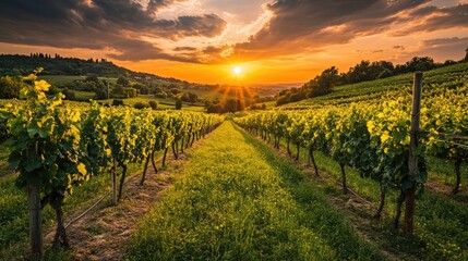 Naklejka premium Scenic vineyard at sunset with lush grape rows in summer