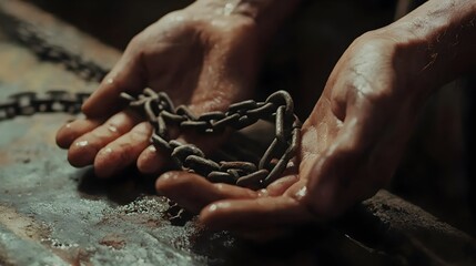 Hands Grasping Metal Chains on Surface,Symbolic of Loss of Freedom