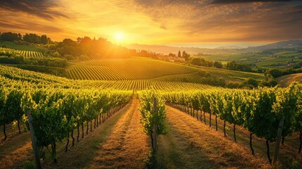 Naklejka premium Scenic vineyard at sunset with lush grape rows in summer