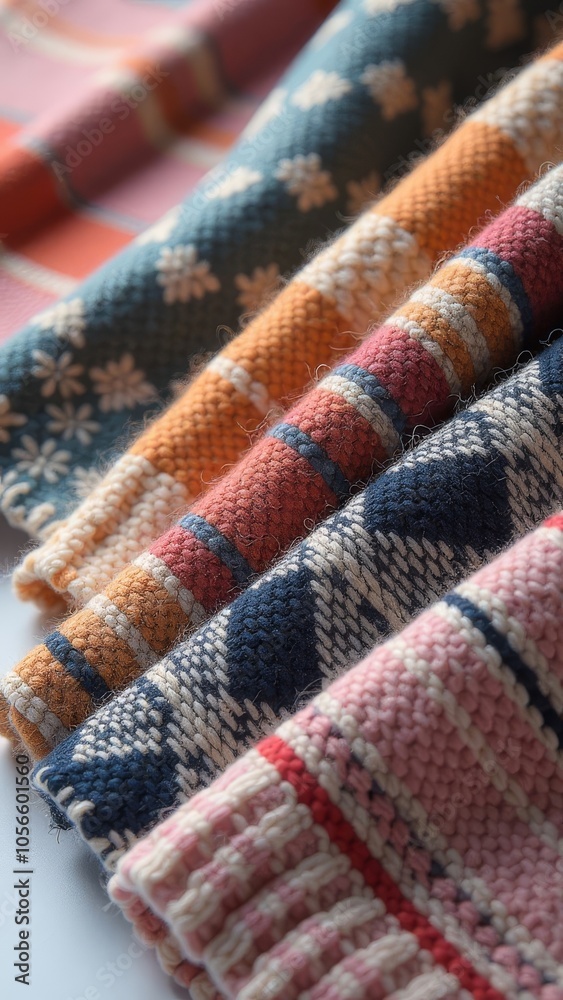Poster A row of knitted scarves with different patterns and colors