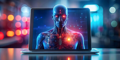 Soft Abstract Telemedicine AI Assistant Displayed on Tablet, Intelligent Healthcare Solutions Concept, Automated Patient Support, Digital AI Assistant with Copy Space for Branding in Photo Stock