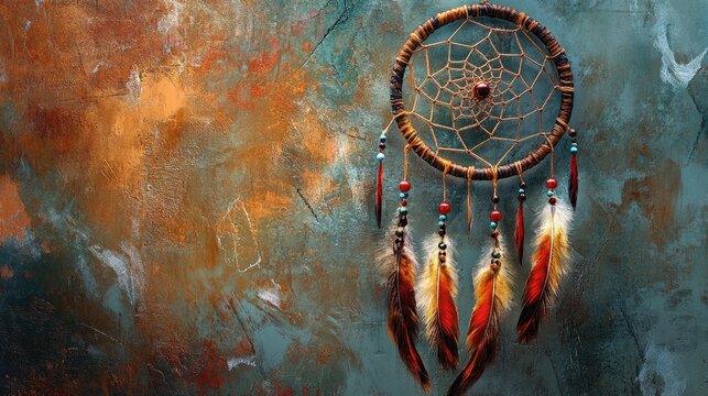Handcrafted dreamcatcher featuring feathers and beads set against an artistic background symbolizes charm and spirit with a bohemian and romantic essence - Powered by Adobe