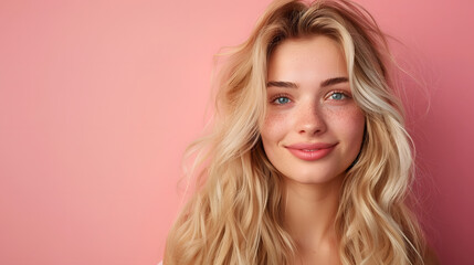Naklejka premium Smiling young woman with blonde long groomed hair isolated on pastel flat background with copy space. Blonde hair care products banner template, hair salon