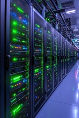 Rows of Server Racks with Glowing Lights in a Data Center