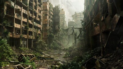 Overgrown City Ruins: A Post-Apocalyptic Landscape