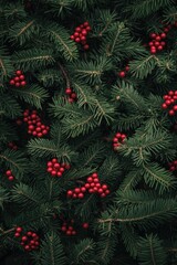Pine Tree with Red Berries Close Up