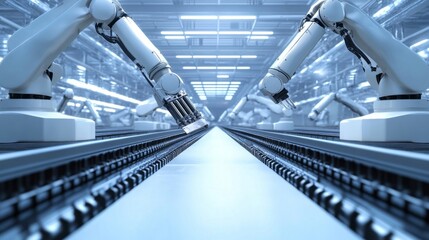 Fototapeta premium Industrial robotic arms in an automated factory, symbolizing future manufacturing.