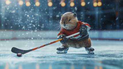 Ice Hockey. Adorable beaver playing ice hockey, wearing skates and hockey gear, intensely focused on the puck. Image made using Generative AI.