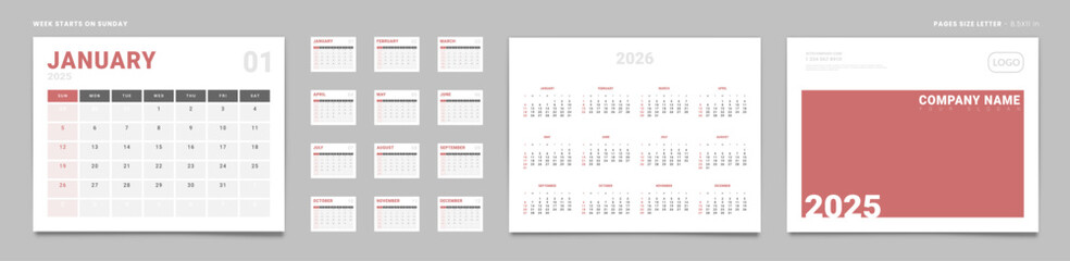 Set of 2025 Pages Monthly Calendar Planner Templates, Cover with Place for Photo, Company Logo, annual 2026. Design of Vector Calendar Pages size Letter -8.5x11 in for print. Week start on Sunday