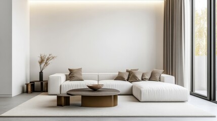Fototapeta premium Elegant minimalist living room featuring a white sofa, large windows, and neutral decor for a serene and stylish atmosphere.