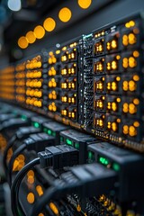Close-up of a Server Rack with Yellow Lights