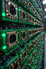 Obraz premium Close-up of a Green Circuit Board with Multiple Connectors and LEDs