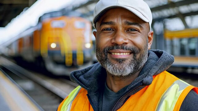 man, attire, foreman, job, logistics, management, man smiling wearing safety vest standing at railway station
