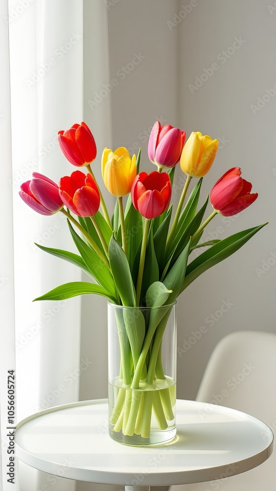Poster A vase of tulips sits on a table in a room with a window