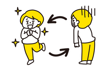 嬉しさと悲しみの表情を、コロコロと交互に入れ替える人（2色）