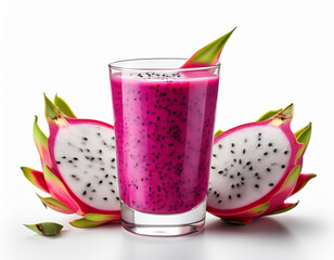 a glass of Dragon Fruit juice with Dragon Fruit slices around it. Isolated on white background.