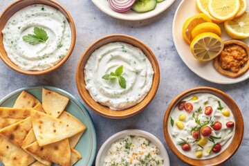 Delicious Assortment of Mediterranean Spreads and Fresh Ingredients on Colorful Plates