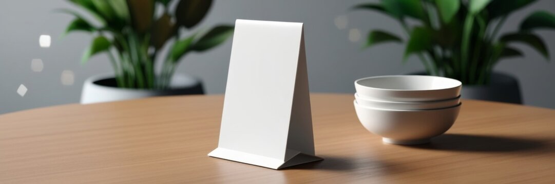 Mock up Label the blank menu frame in Bar restaurant ,Stand for booklets with white sheets paper acrylic tent card on wooden table cafeteria blurred background can inserting the text of the customer