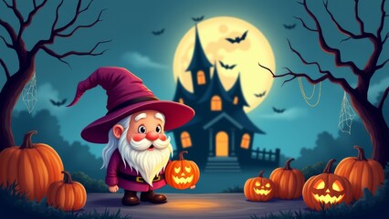 A Charming Gnome Holding a Carved Pumpkin in Front of a Spooky Mansion on a Full Moon Night With Bats Flying Overhead