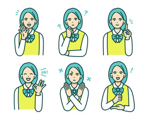 いろんなポージングの学生。かわいい女の子の表情セット。