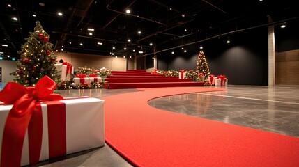 A festive event space featuring a red carpet, decorated Christmas trees, and presents, creating a vibrant atmosphere for celebrations.