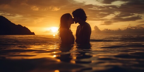 Fototapeta premium Silhouettes of a couple kissing in the ocean at sunset.
