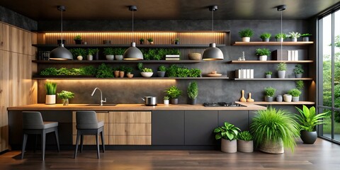 Fototapeta premium Chic kitchen featuring black walls, wooden shelves, lush green plants, and a sleek countertop, offering elegant design inspiration for a modern home aesthetic.