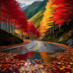 Winding mountain road in deep autumn with red and yellow maple trees, fallen leaves, and standing water after rain
