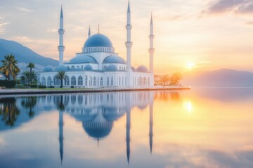 Fototapeta premium Serene Mosque Reflection at Sunrise by the Water
