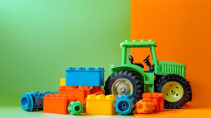 Colorful plastic bricks and childrens toy tractor on a green and orange background