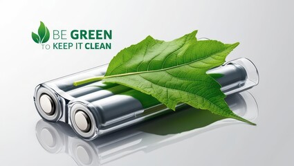 Rechargeable batteries with a green leaf symbolize eco-friendliness and sustainability in energy solutions.