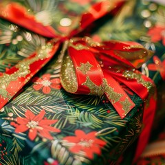 Close-up of a holiday present with a bright ribbon.