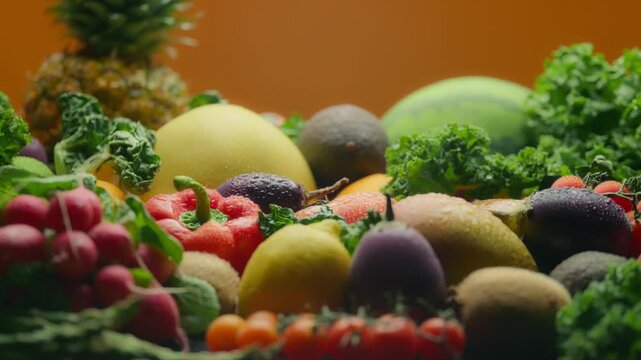 Variety of fruits and vegetables with drops of water. Nutrition and healthy diet concept. Slow motion, dolly shot. 