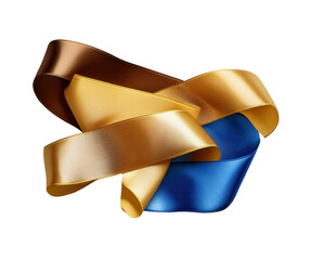 Colorful ribbons in brown, gold, and blue on a white isolated background.