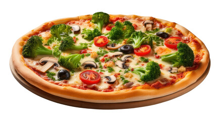 Delicious pizza topped with olives, broccoli, mushrooms, and tomatoes.
