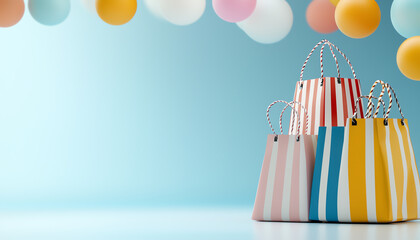 Vibrant shopping bags surrounded by colorful balloons a celebration of discounts and festive shopping experiences